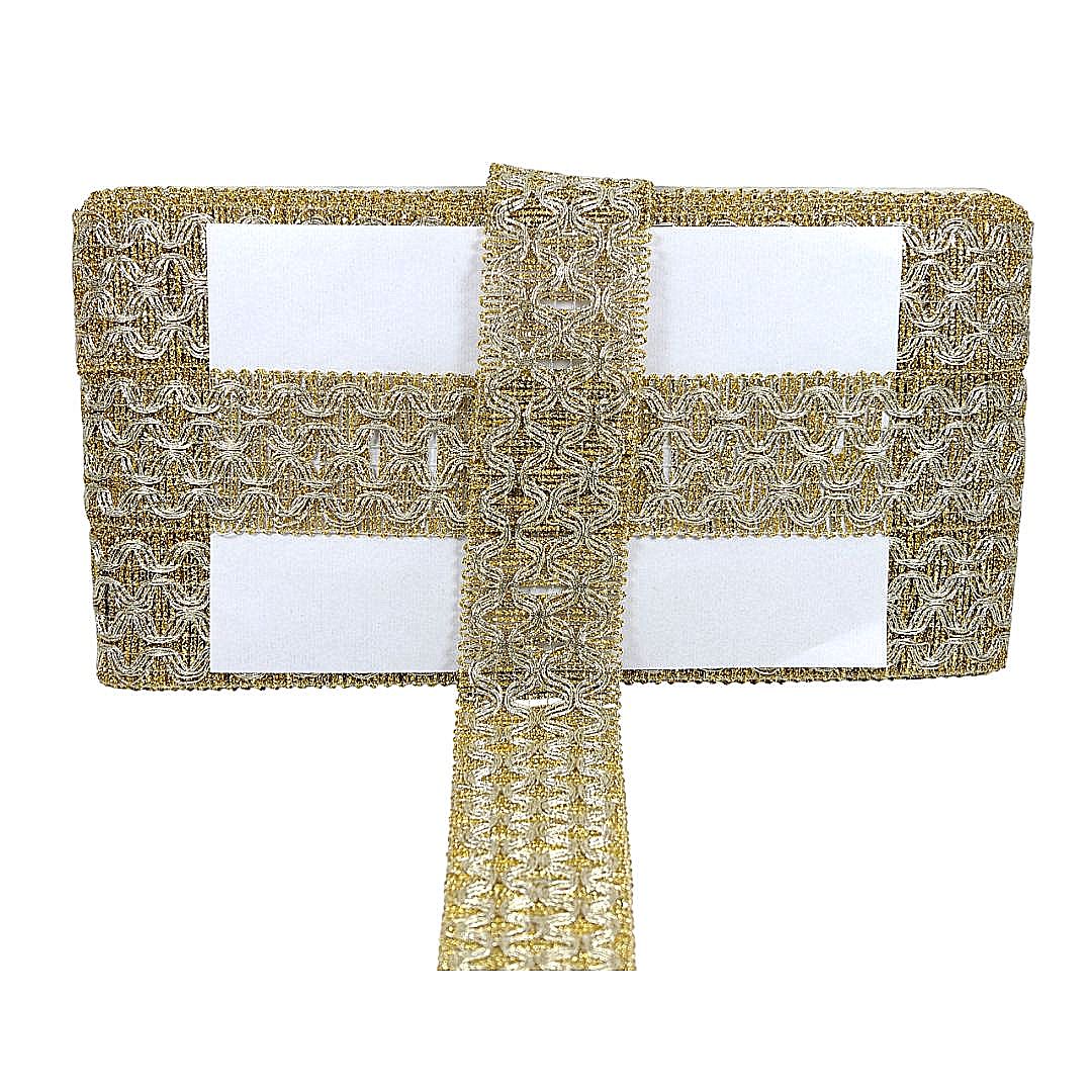 Two gold lace place cards on a white background
