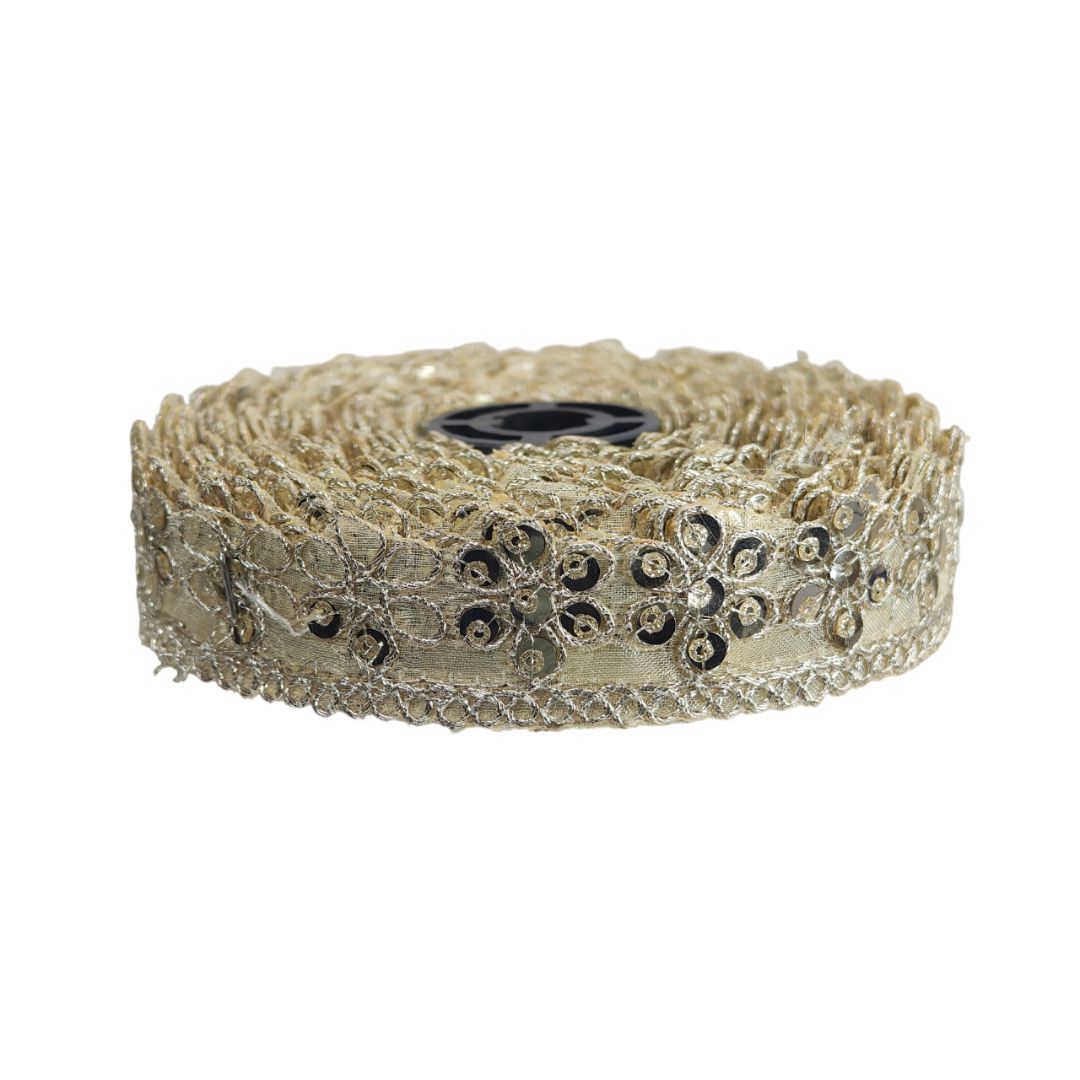 Roll of decorative lace ribbon with floral patterns on a white background
