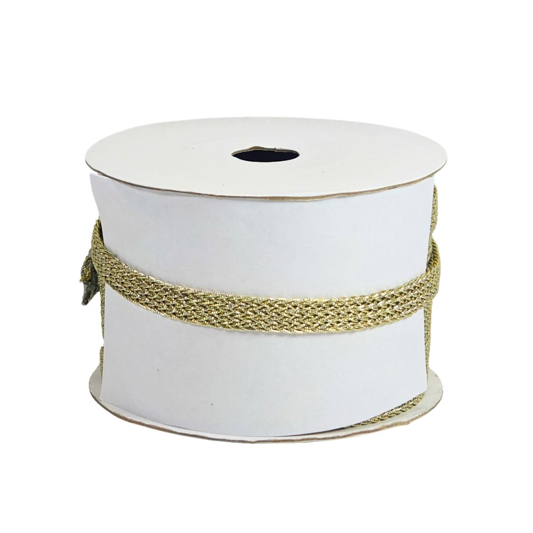 Spool of white ribbon with gold braid on a white background