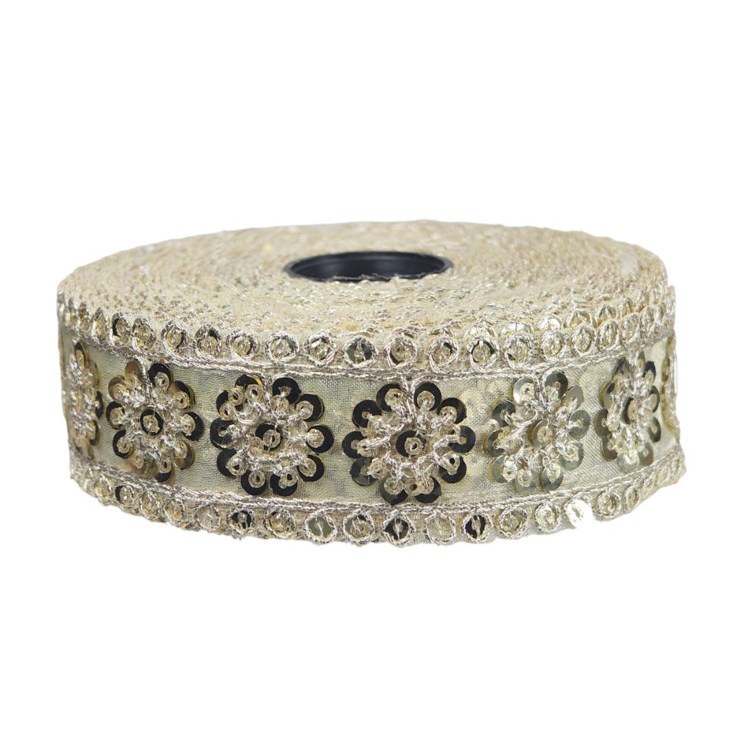 Decorative ribbon roll with floral patterns on a white background