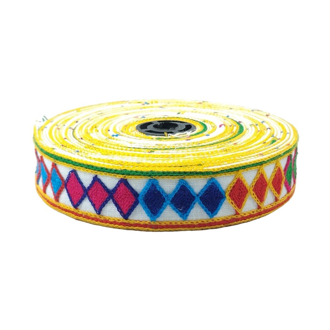 Colorful ribbon with geometric pattern on a white background