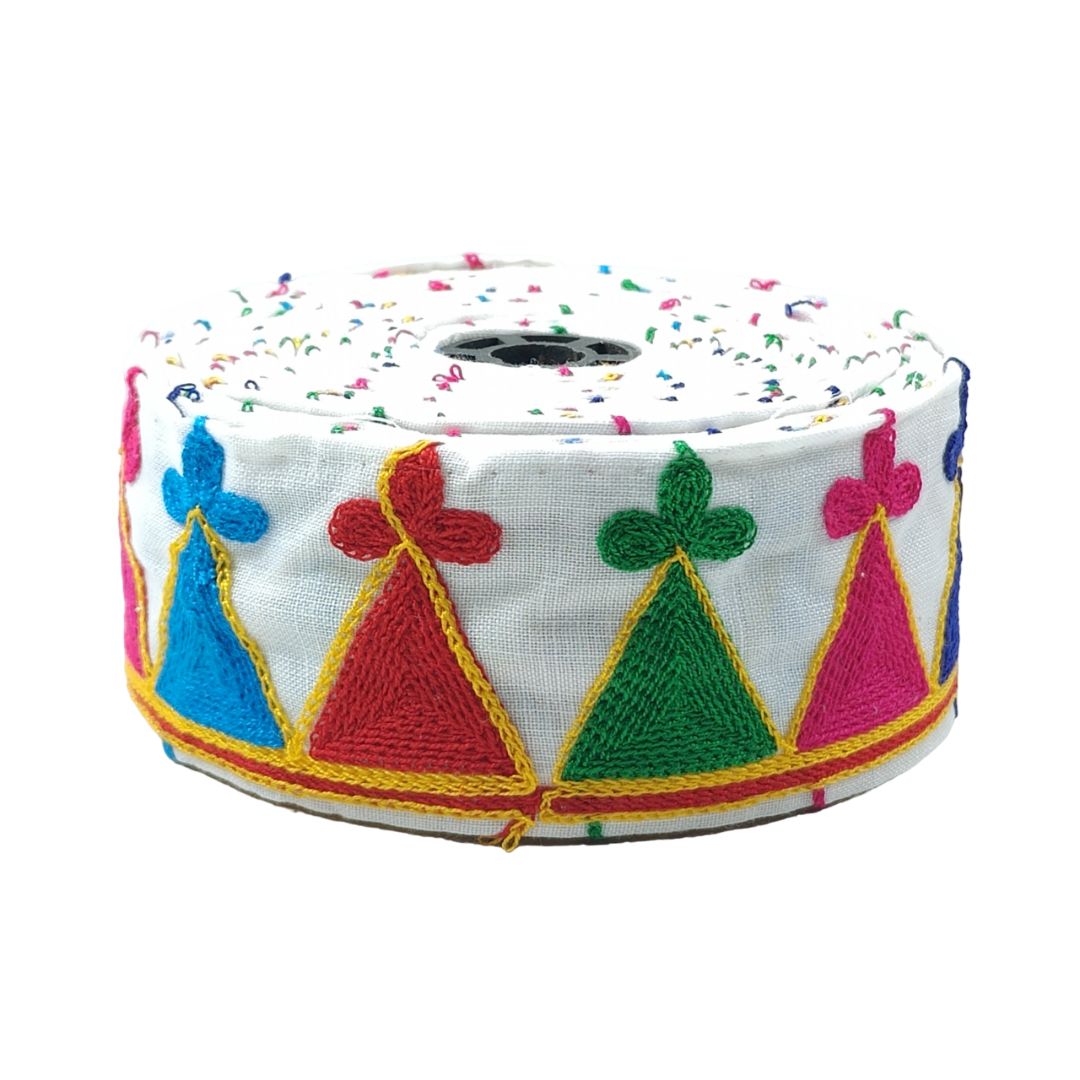 Colorful embroidered ribbon on a white background