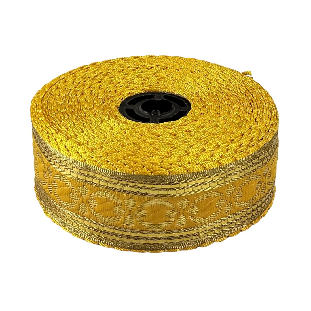 Roll of yellow braided cable on a white background