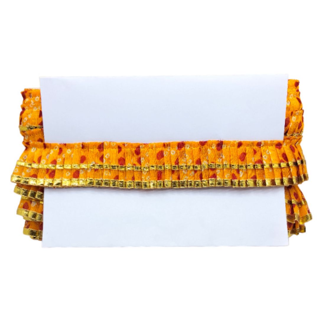 Kurlz 2 Line Bandhej Printed and Golden Gota Patti Exclusive Frill For Lehenga, Dupatta, Art & Craft, Singhasan, Ladoo Gopal Poshak | Size: 9 Yards