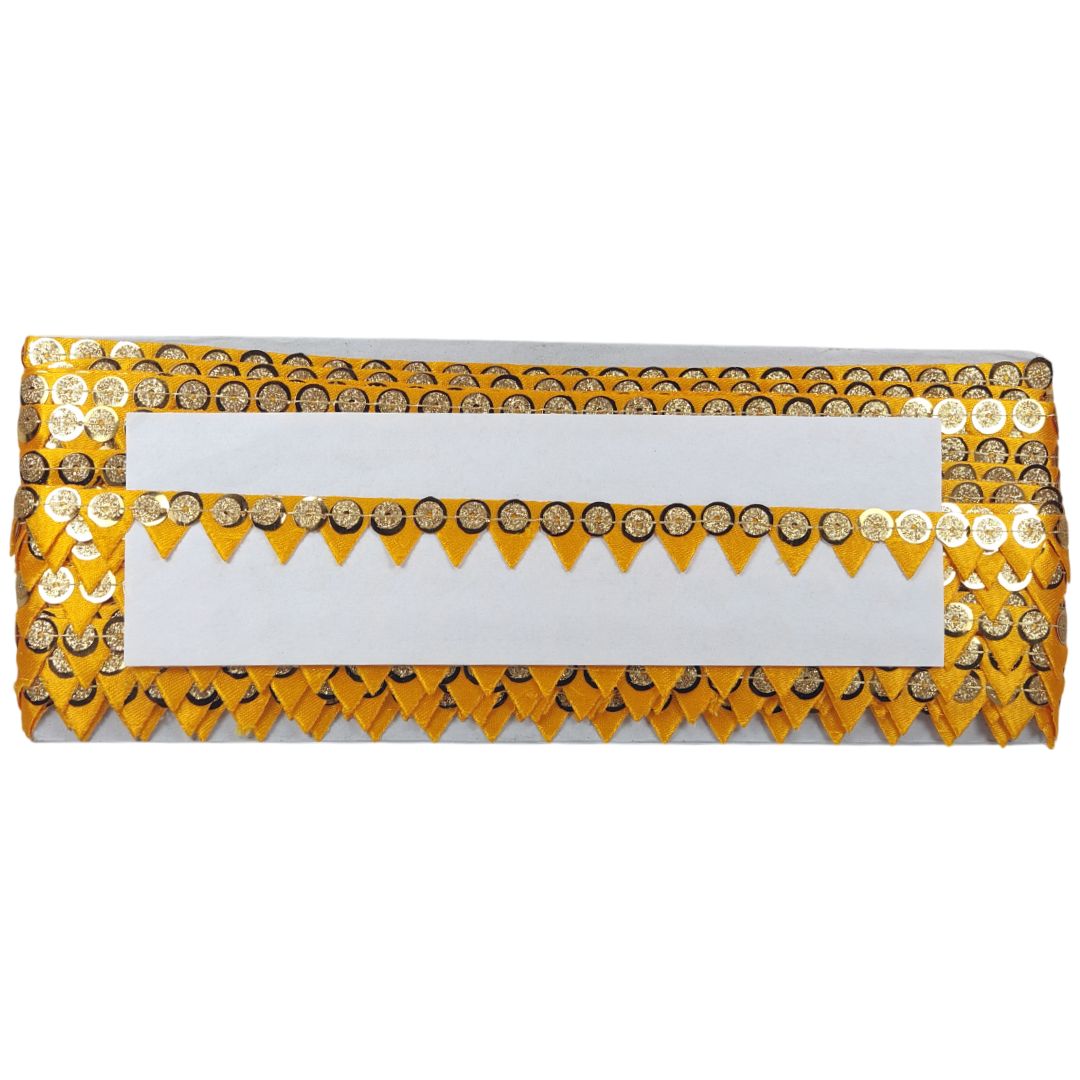 Decorative clutch with yellow and gold sequin border on a white background