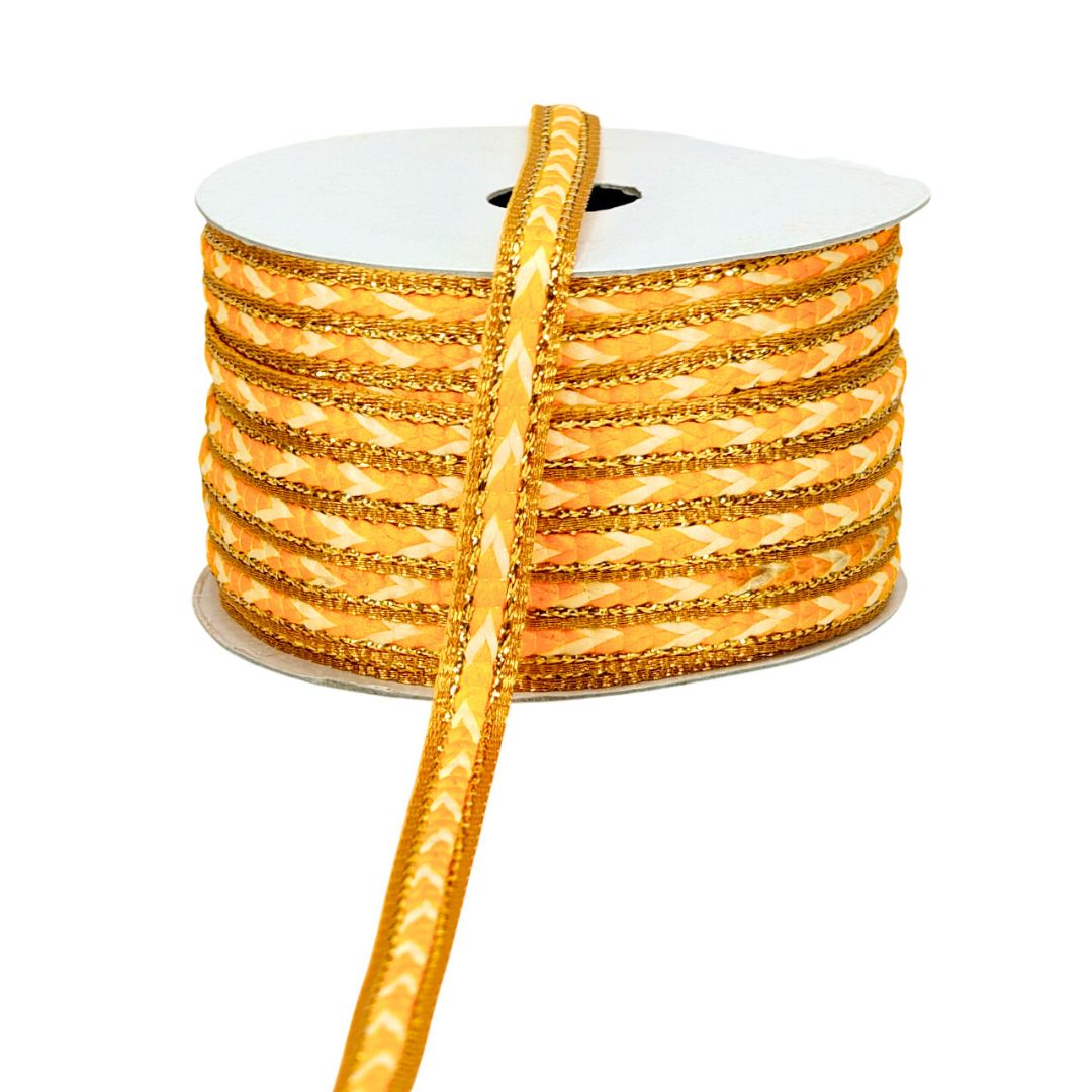Spool of yellow ribbon with decorative pattern on a white background