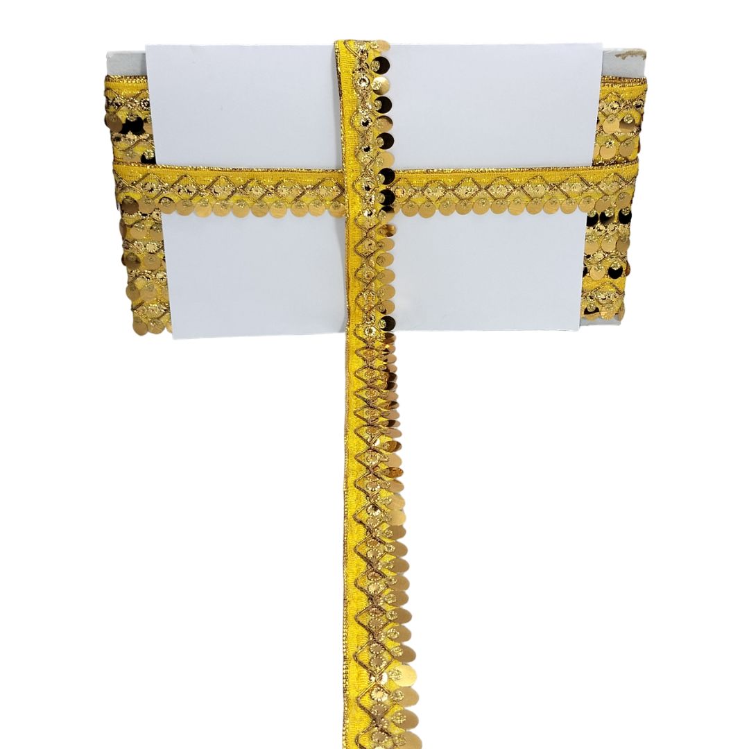 White card with gold decorative border on a white background