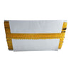 White saree with gold border on a white background