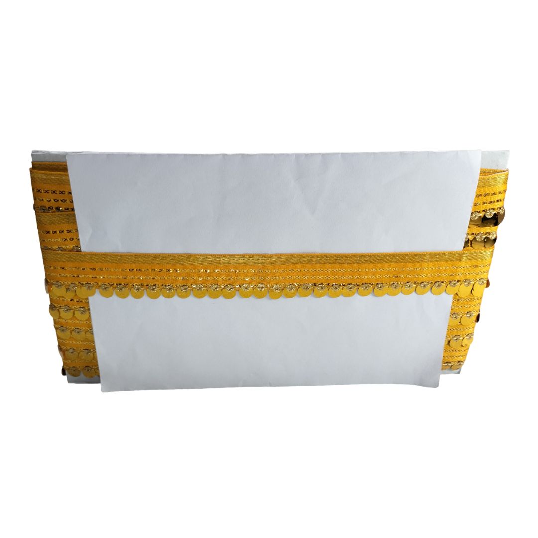 White saree with gold border on a white background