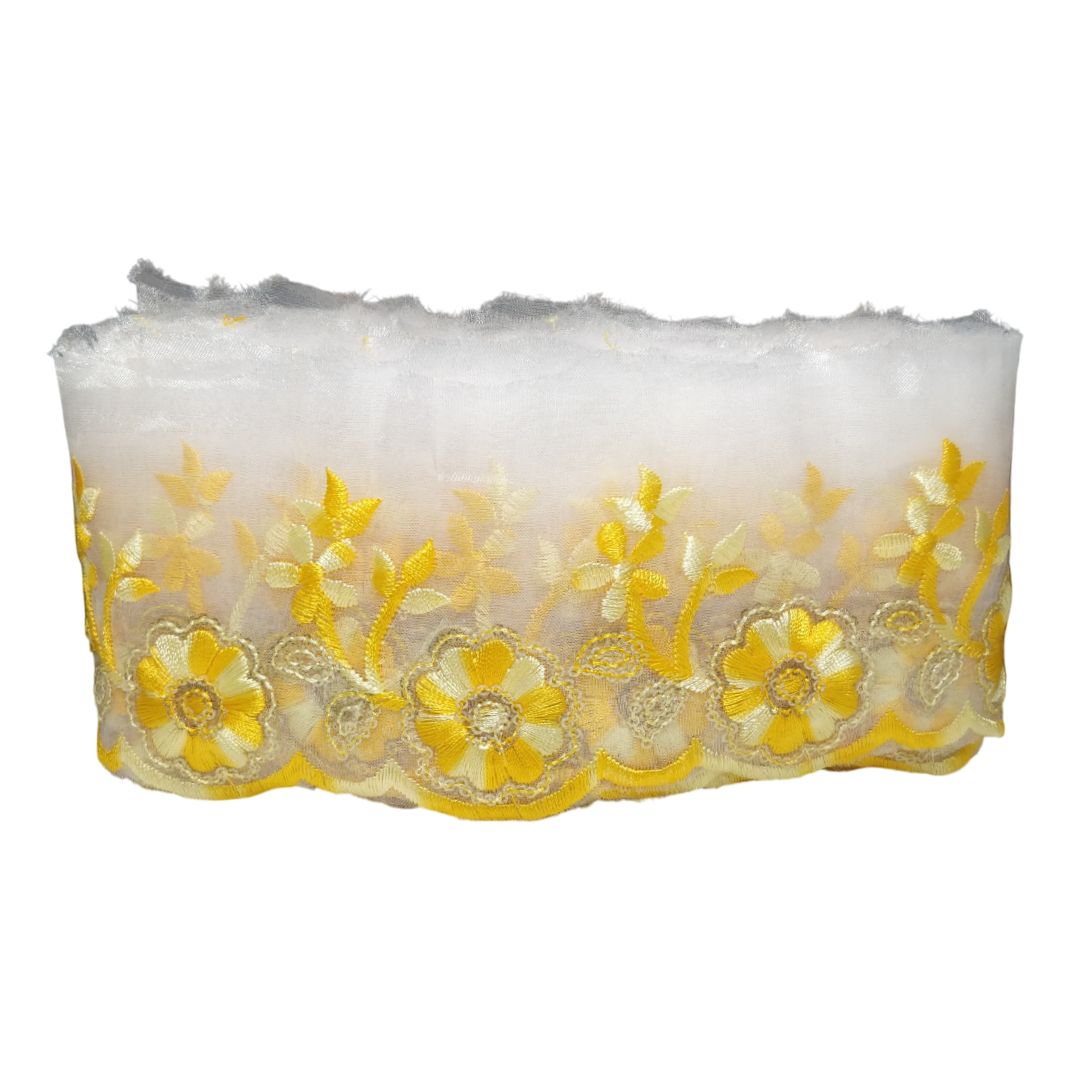 Yellow Embroidered Organza Lace Border For Gowns Decoration Only At Woven Lace & Border Reatilers and Manufactures In Surat