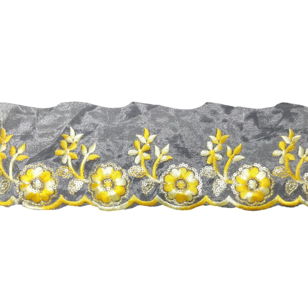 Yellow Embroidered Organza Lace Border For Gowns Decoration Only At Woven Lace & Border Reatilers and Manufactures In Surat