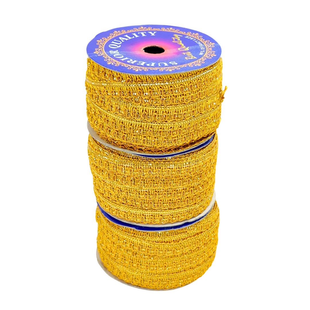 Yellow mesh ribbon with a blue label on a white background
