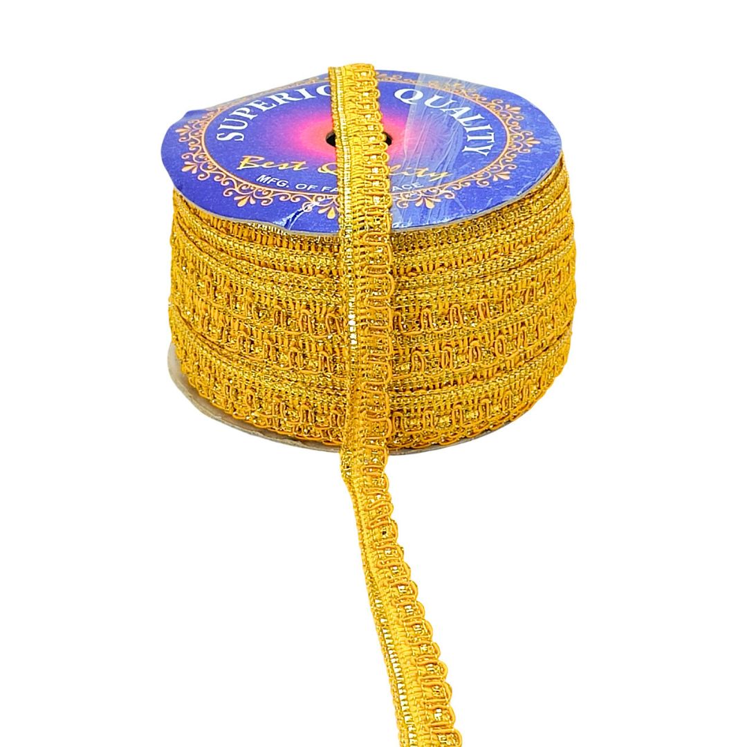 Roll of yellow lace ribbon with a blue label on a white background