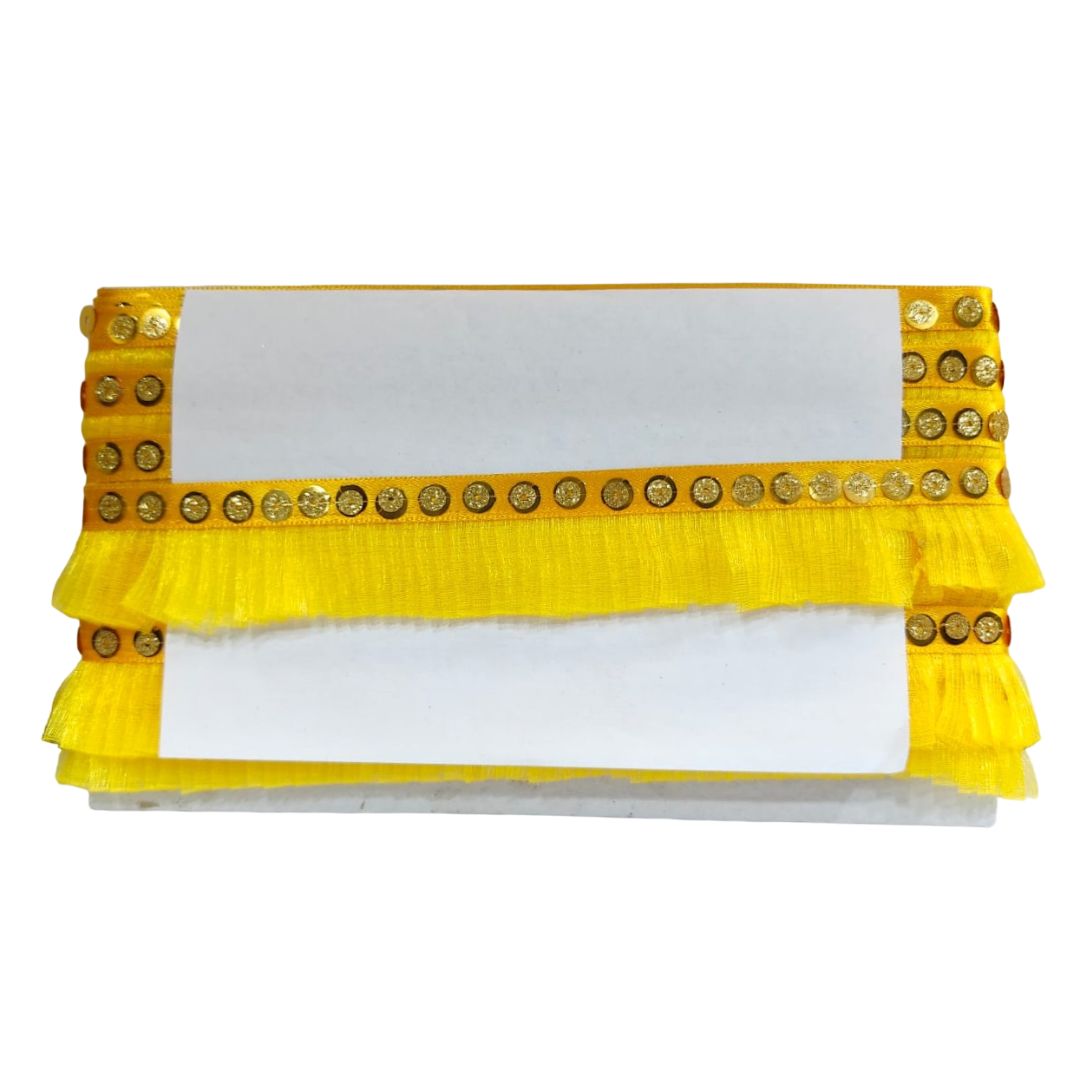 Yellow clutch bag with ruffles and gold accents on a white background