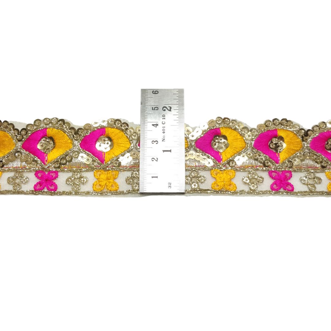 Yellow Hot Pink Zari Sequins Lace For Dupatta Only At Woven Lace & Border Reatilers and Manufactures In Surat
