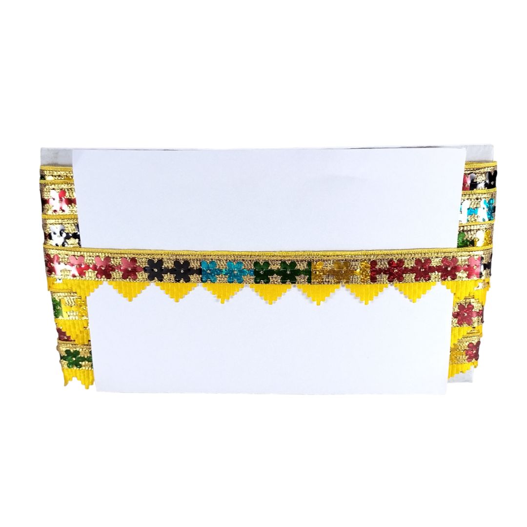 Decorative tablecloth with colorful floral and border design on a white background