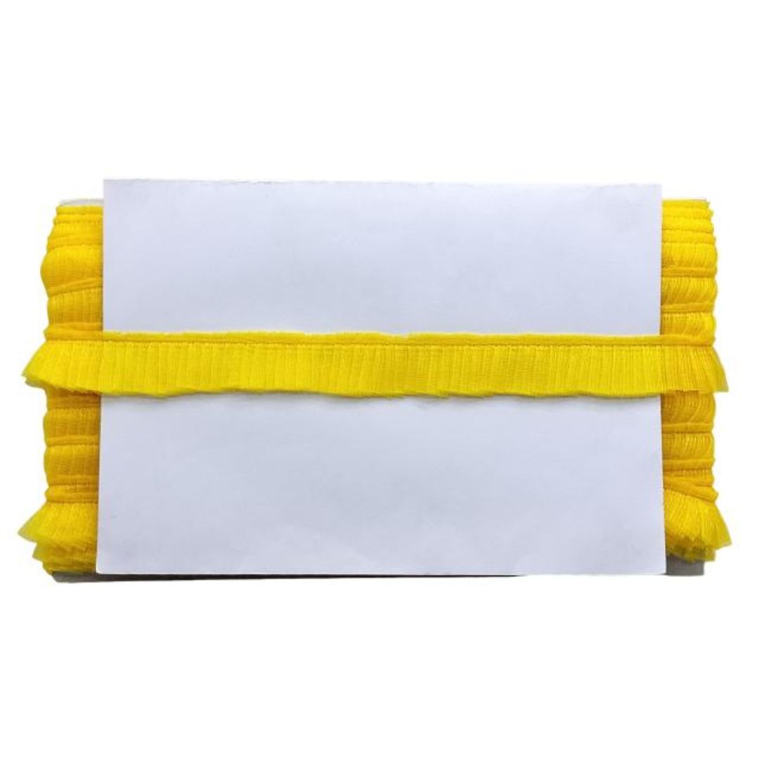 Yellow belt with white labels on a white background