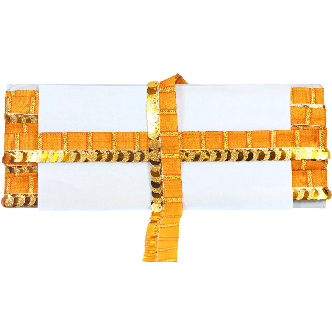 White fabric with orange and gold border on a white background