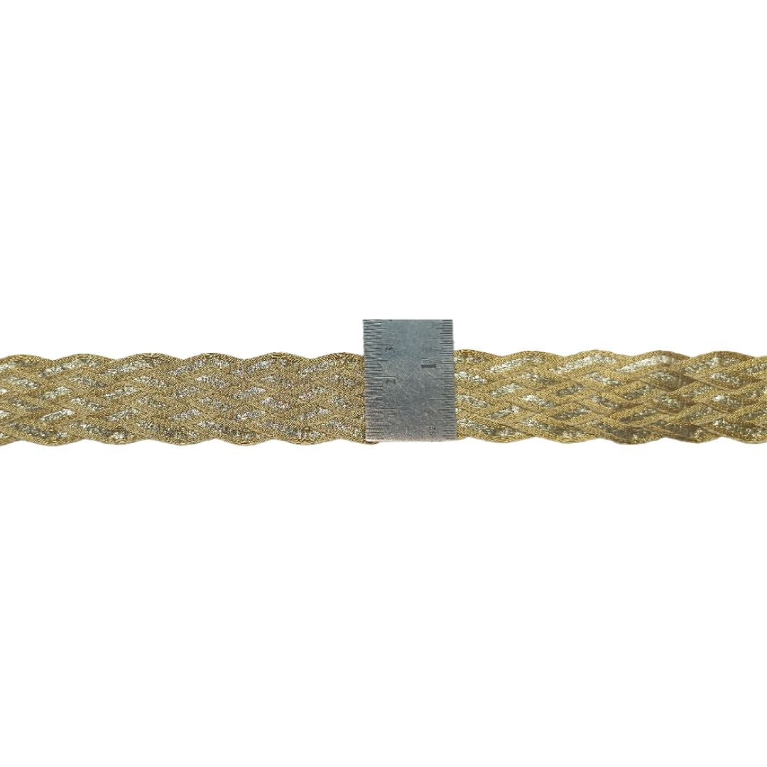 Gold braided cord with a metal clip on a white background