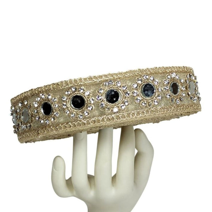 Kurlz 1.25 inch Pearl Matt Embroidery with Mirror & Zarkan Handwork for Wedding Saree, Lehenga, Furnishing, Ladies Sandal, Handicraft | Size: 9 yards