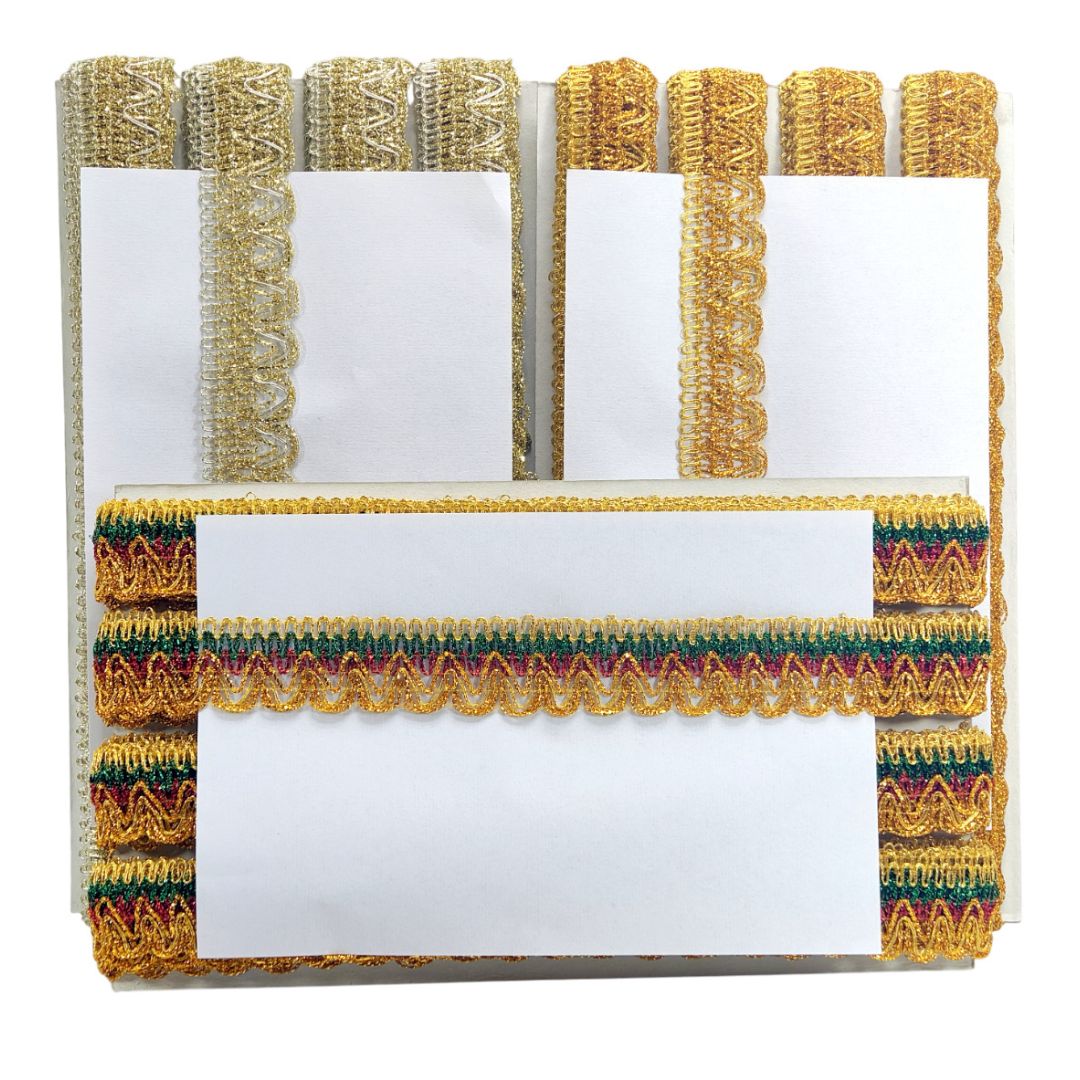 Decorative card holder with gold lace on a white background