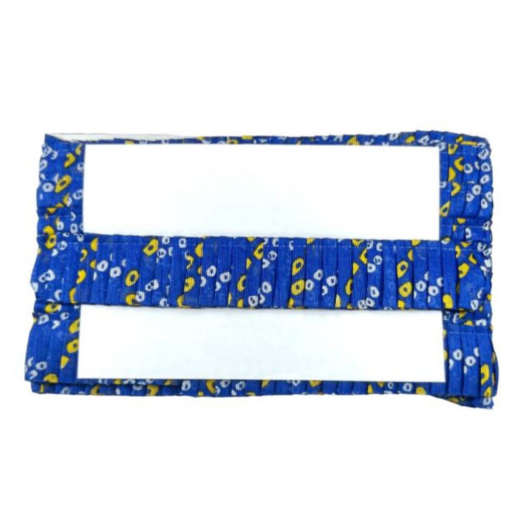 Blue license plate holder with yellow and white pattern on a white background