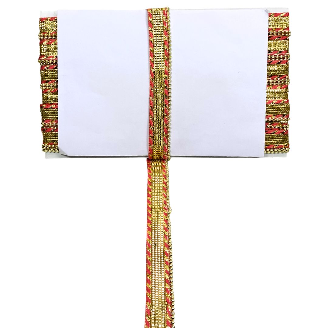 Decorative ribbon with gold and red pattern on a white background