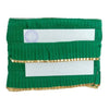 Green pleated fabric with a white label on a white background