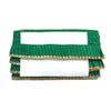 Green pleated clutch with gold trim on a white background