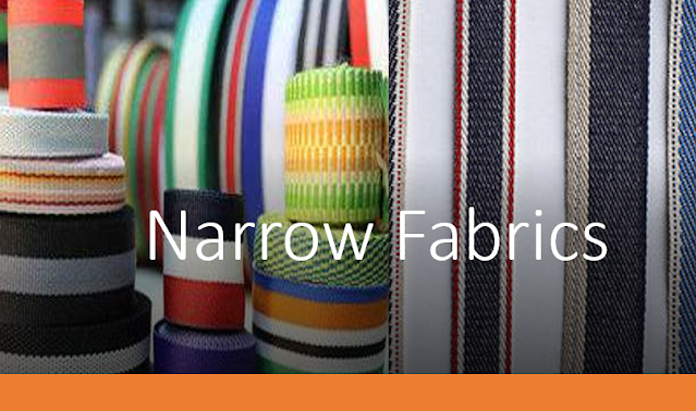 Collection of narrow fabrics in various colors with 'Narrow Fabrics' text overlay.