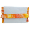White clutch with orange and yellow ruffled trim on a white background