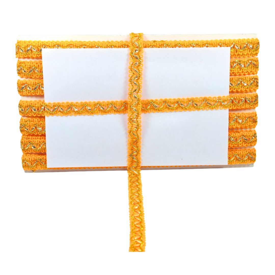 Yellow decorative ribbon with a white center on a white background