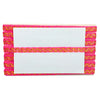 Pink and yellow woven card holder with a white card inside on a white background