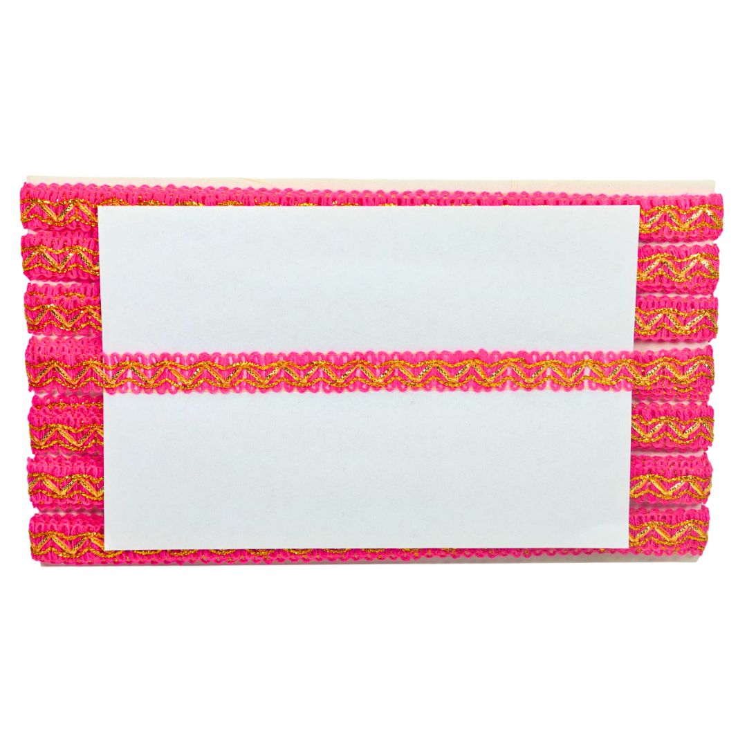 Pink and yellow woven card holder with a white card inside on a white background