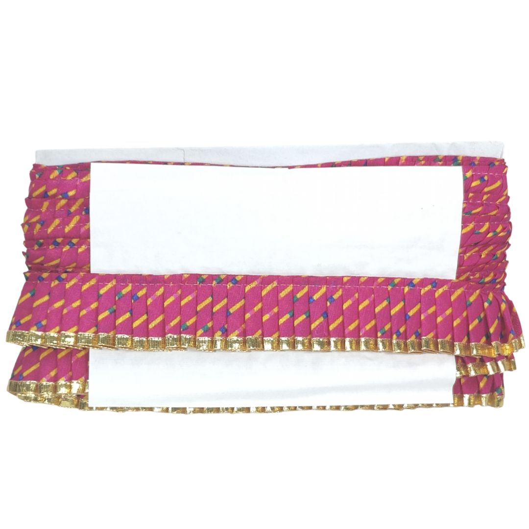 Traditional Indian saree with pink and gold border on a white background