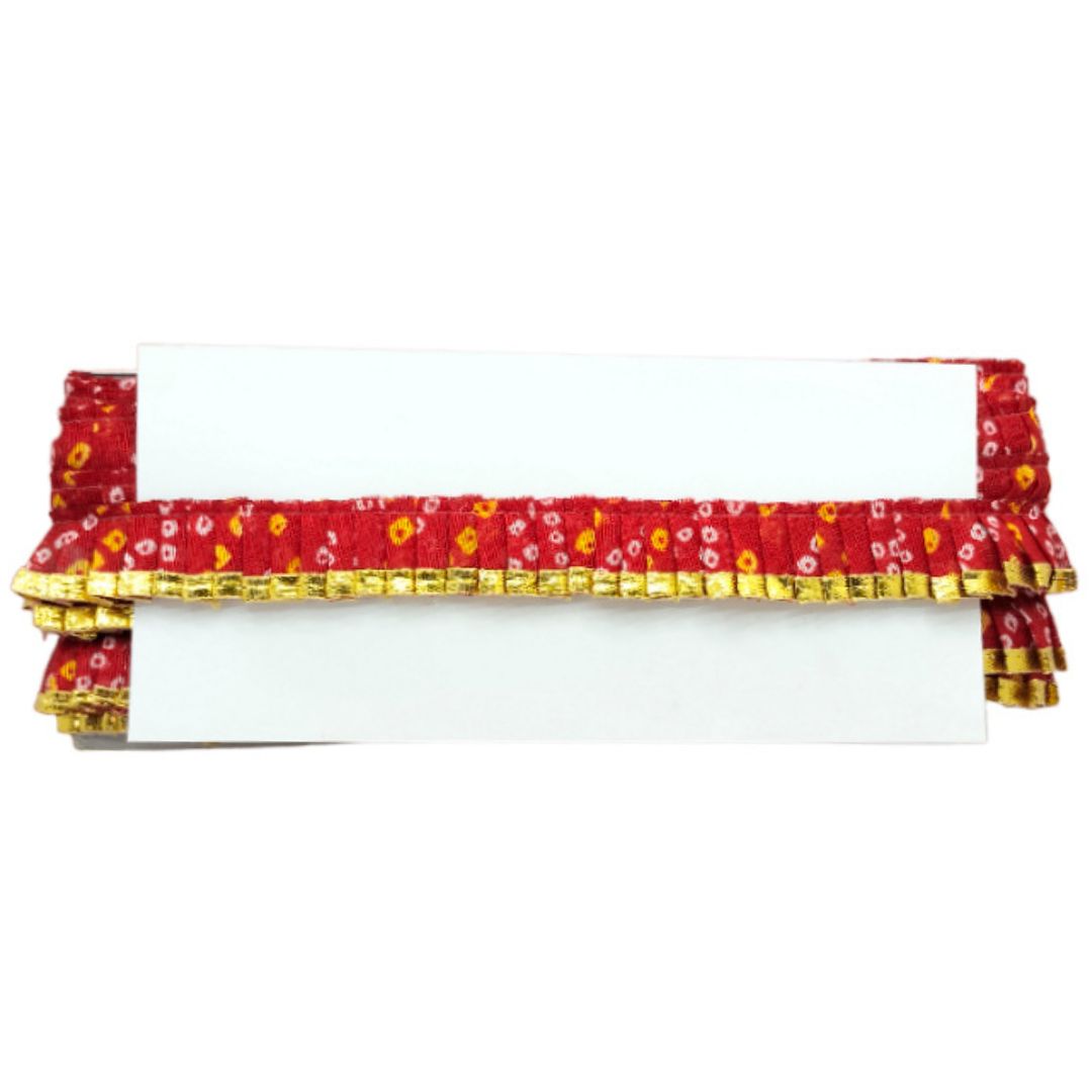 Red floral-patterned blind with yellow trim on a white background