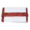 Red floral-patterned curtain valance on a white background