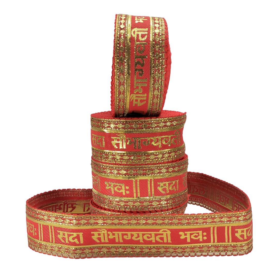 Red and gold ribbons with text on a white background