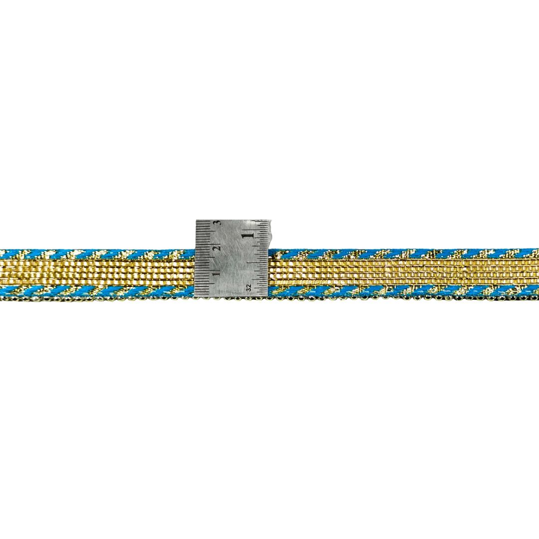 Gold and blue braided belt with a ruler for scale on a white background