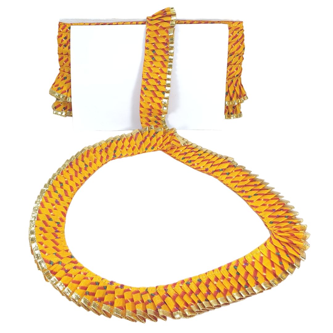 Yellow and orange braided necklace with matching earrings on a white background